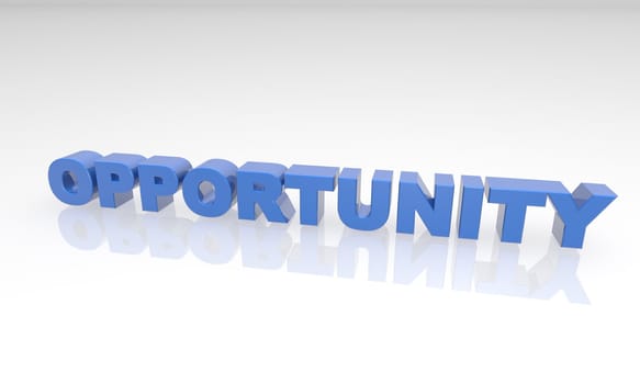 3D blue text that says opportunity on a white background with a reflection.