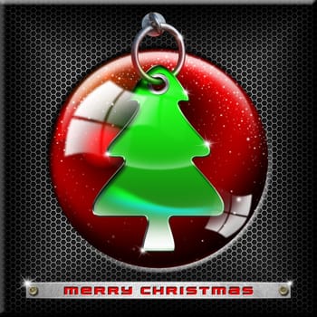 Green and stylized Christmas tree with reflections on red, black and metal background