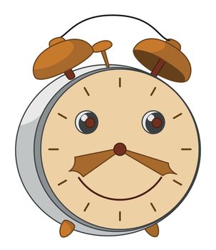 Old-fashioned cartoon smiling mechanical alarm clock on white background.