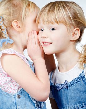 Portrait of little girl telling a secret to her friend over a white background