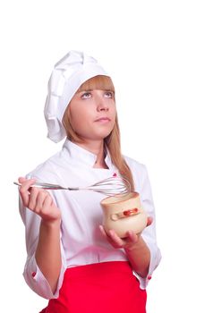 beautiful woman hold a pot of food, checks cooked