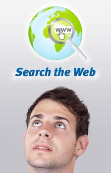 Young persons head looking with gesture at internet type of icons