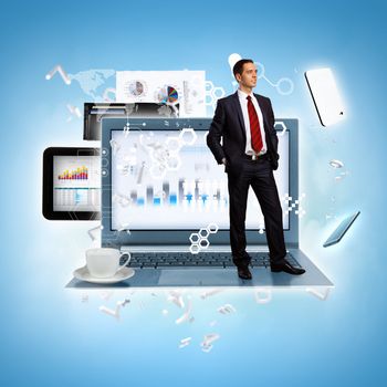 Modern technology illustration with computers and business person