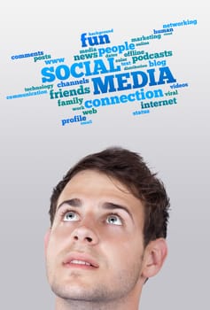 Young persons head looking with gesture at social type of icons and signs
