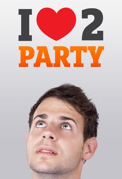 Young persons head looking with gesture at party icons and sign