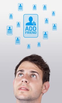 Young persons head looking with gesture at social type of icons and signs