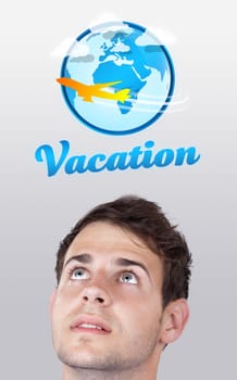 Young persons head looking with gesture at vacation type of sign