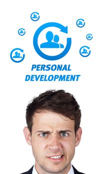 Young persons head looking with gesture at labor type of icons