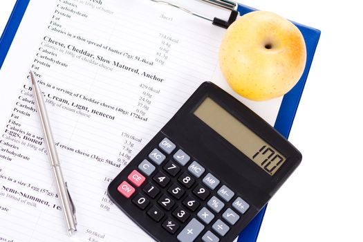 Table of calories, an apple and a calculator