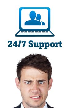 Young persons head looking with gesture at support contact type of icons and signs