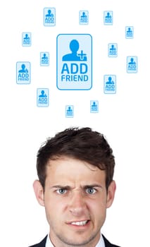 Young persons head looking with gesture at social type of icons and signs