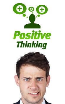 Young persons head looking with gesture at positive negative signs