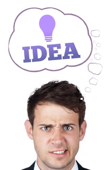 Young persons head looking with gesture at idea type of sign