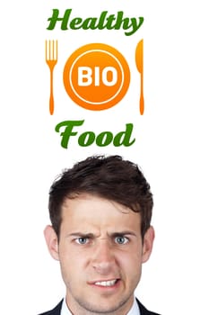 Young persons head looking with gesture at healthy food sign
