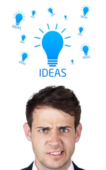 Young persons head looking with gesture at idea type of sign