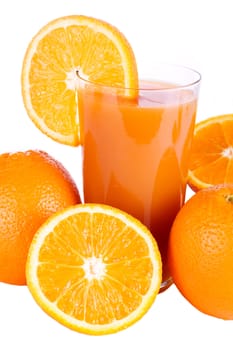 A glass of fresh orange juice with slice of orange isolated on white
