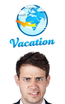 Young persons head looking with gesture at vacation type of sign