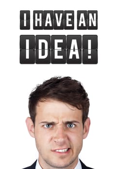 Young persons head looking with gesture at idea type of sign