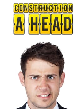 Young persons head looking with gesture at idea type of sign