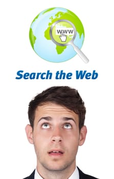 Young persons head looking with gesture at internet type of icons