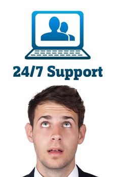 Young persons head looking with gesture at support contact type of icons and signs