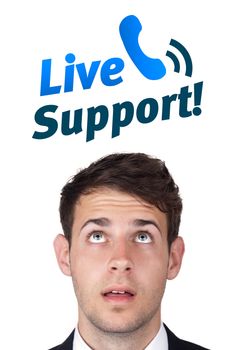 Young persons head looking with gesture at support contact type of icons and signs