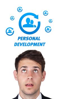 Young persons head looking with gesture at labor type of icons