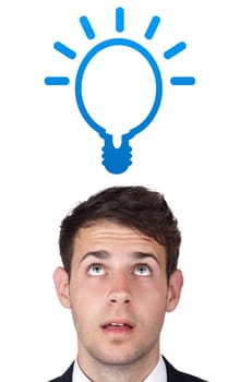 Young persons head looking with gesture at idea type of sign