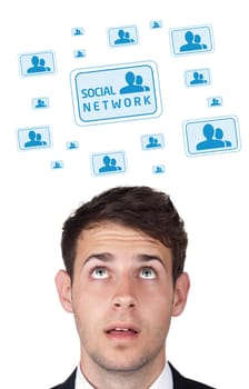 Young persons head looking with gesture at social type of icons and signs