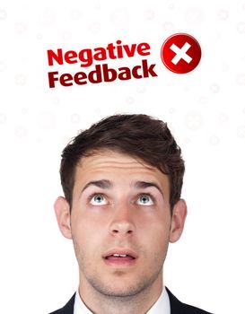 Young persons head looking with gesture at positive negative signs