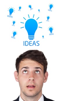 Young persons head looking with gesture at idea type of sign