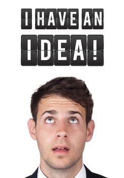 Young persons head looking with gesture at idea type of sign