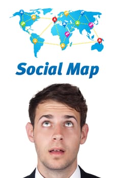 Young persons head looking with gesture at social type of icons and signs
