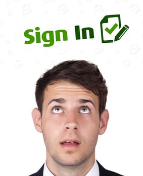 Young persons head looking with gesture at internet type of icons