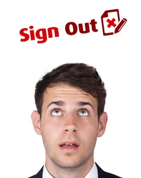 Young persons head looking with gesture at internet type of icons