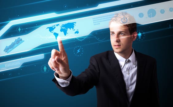 Businessman pressing high tech type of modern buttons on a virtual background