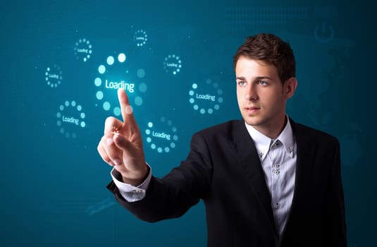 Businessman pressing simple start buttons on a virtual background