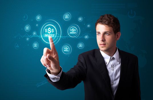 Businessman pressing business type of modern buttons with virtual background