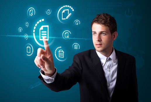 Businessman pressing messaging type of modern icons with virtual background