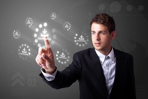 Businessman pressing simple start buttons on a virtual background