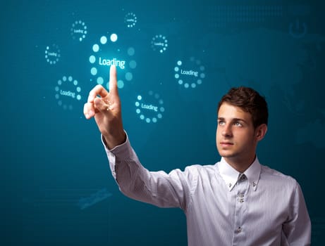 Businessman pressing simple start buttons on a virtual background