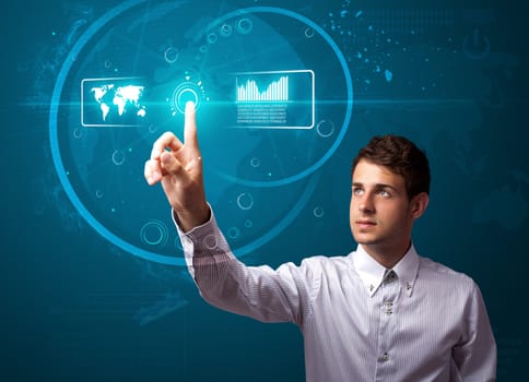 Businessman pressing high tech type of modern buttons on a virtual background