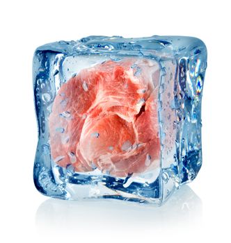 Ice cube and pork isolated on a white background
