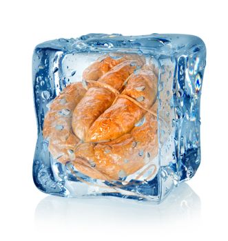 Ice cube and smoked sausage isolated on a white background