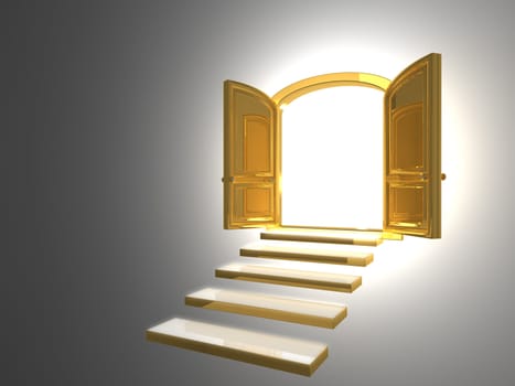 Big Golden Door opened on white with some gold steps