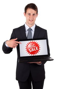 Business man pointing at a colorful sale label 3, isolated on white