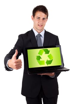 Young businessman holding laptop with recycle icon , isolated