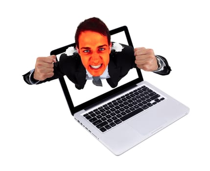 Angry man coming out from laptop, isolated on white