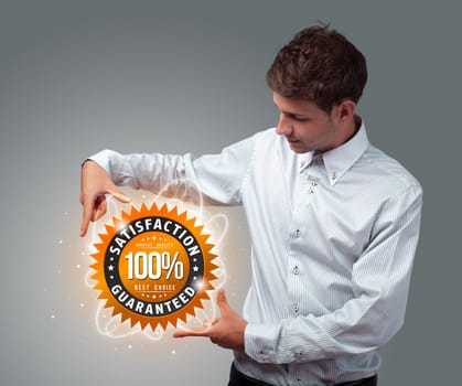 Young businessman holding virtual business sign