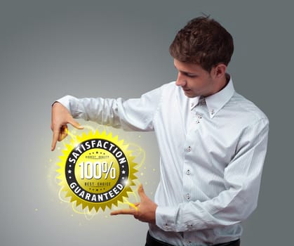 Young businessman holding virtual business sign